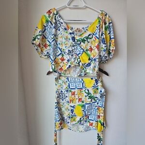 VIANOVA ITALY Majolica LINEN SET Cropped Ruched Top Wrap Mini Skirt Size L M